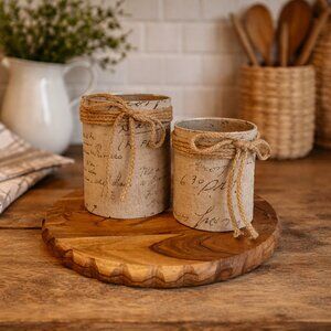 Set of 2 Linen Wrapped Postcard Themed Canisters